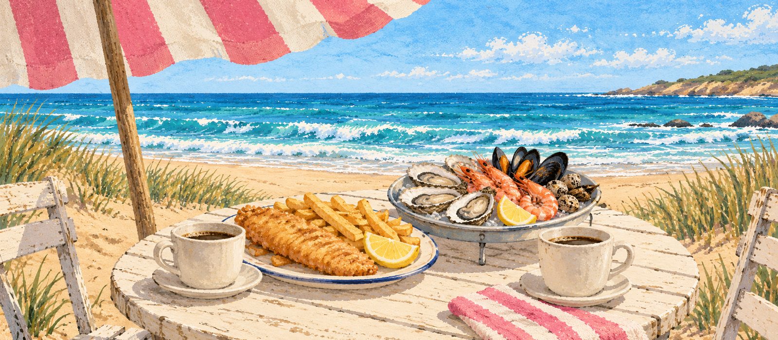 Illustration of a seaside cafe table on the South Coast